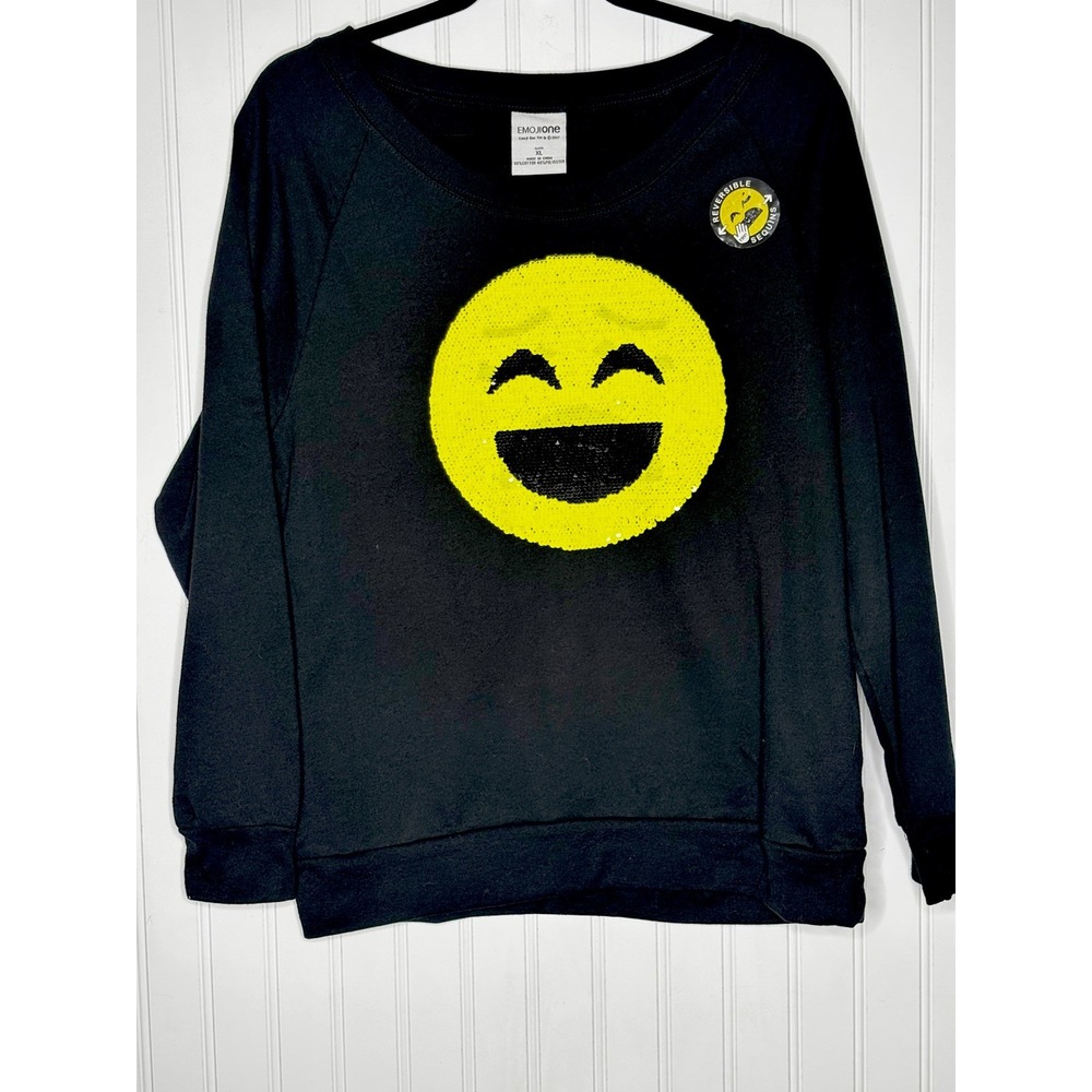 Emoji One Shirt Juniors XL Black NWT Pullover Smiley Face Sequin Top L/S NEW